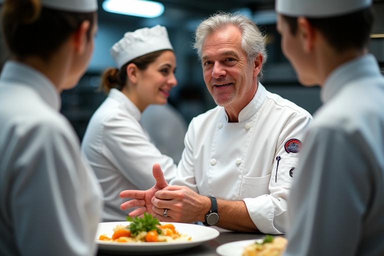 Chef cuisinier en pleine action dans une cuisine professionnelle avec son équipe