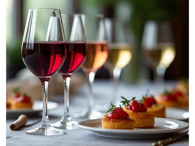 Verres de vin et petits plats gastronomiques pour des accords mets-vins