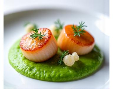 Noix de Saint-Jacques poêlées, purée de petits pois