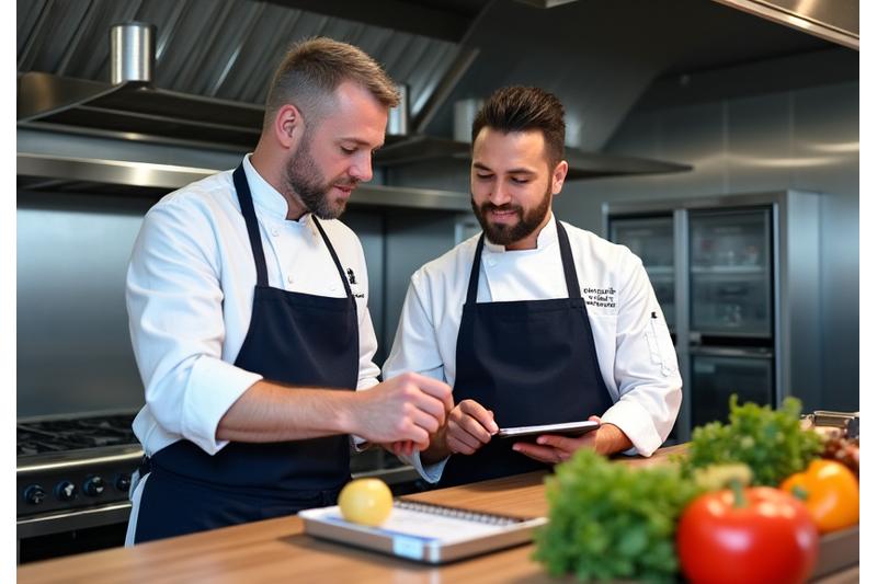 Chef cuisinier en consultation avec un professionnel dans une cuisine moderne.