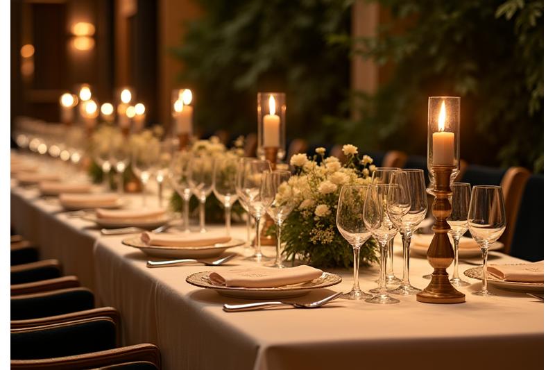 Table élégamment dressée pour un événement privé avec des plats raffinés.