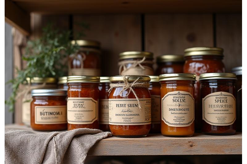 Bocaux et conserves artisanales élégantes sur une étagère en bois.