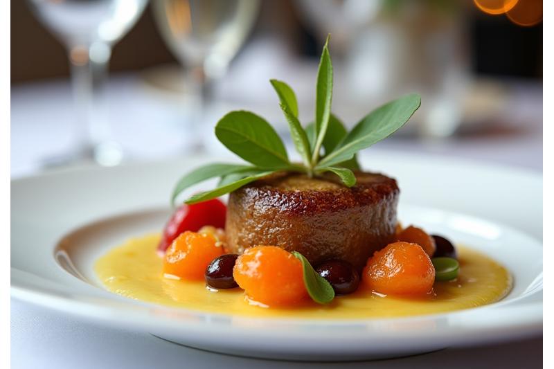 Plat gastronomique dressé pour un service traiteur d'exception.